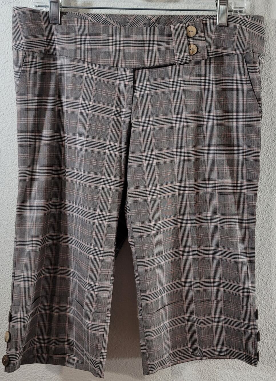 Crystal Candy Brown Pink Plaid Wide Cuff Bermuda Shorts Large Lightweight Soft